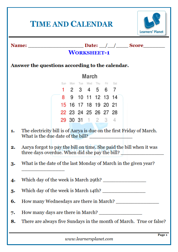 Clocks and calendar worksheet for grade 2 for math olympiad 